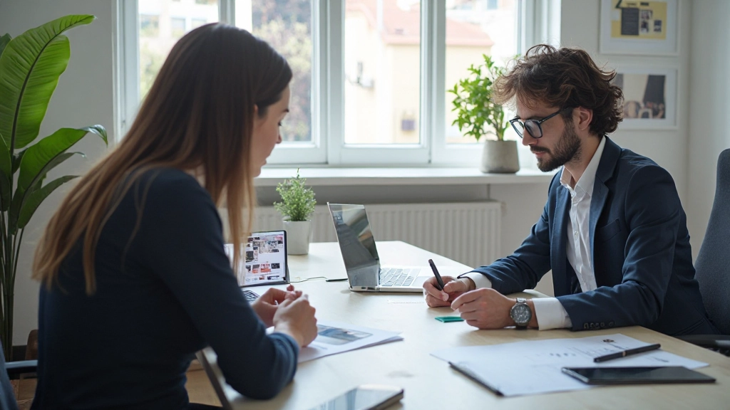 Equipe de designers discutindo projeto em ambiente profissional com layout de design responsivo visível, múltiplos dispositivos sobre mesa, sem texto legível nos documentos