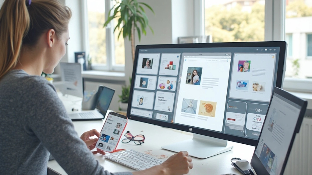 Layout de website responsivo mostrando grid CSS e componentes de design, prototipagem em múltiplos dispositivos, sem texto legível na tela