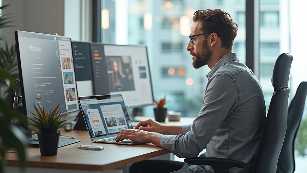 Profissional de design web trabalhando em interface moderna com laptop, dois braços visíveis, ambiente de trabalho criativo com iluminação natural, sem texto na tela